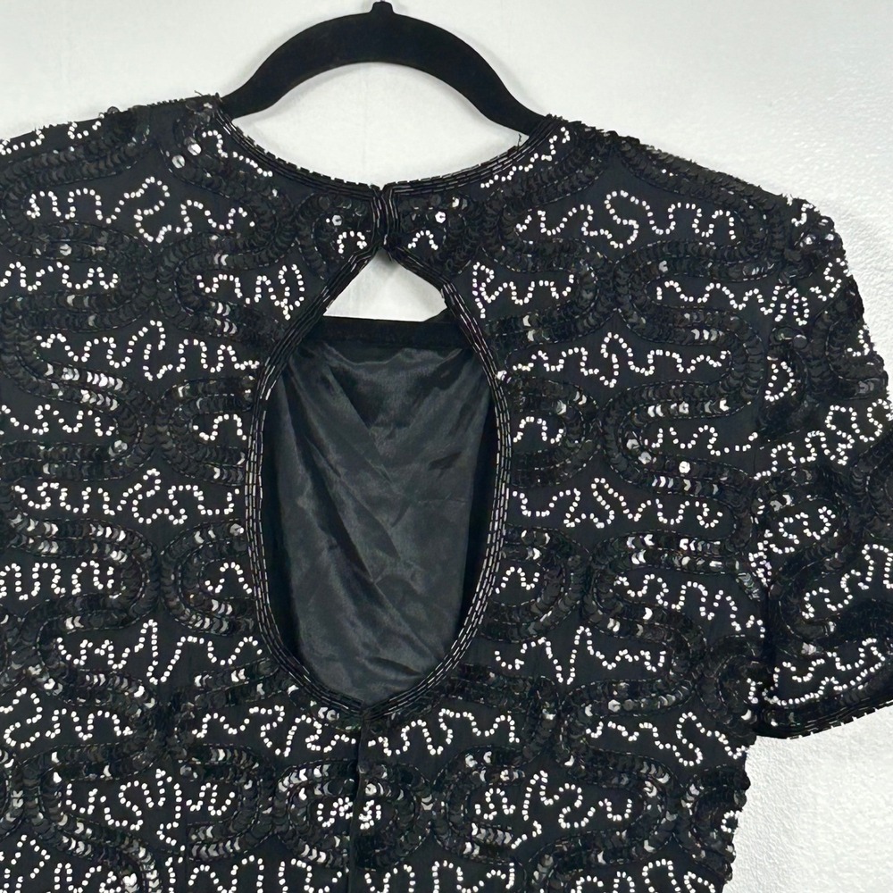 Adrianna Papell Evening Dress Womens 4 Black Sequin Beaded Keyhole Back Cocktail - Picture 10 of 12